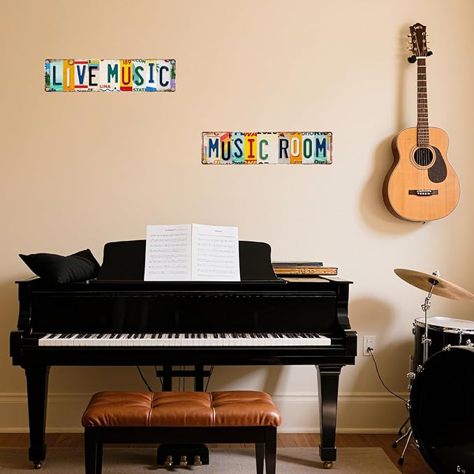 2Pcs Vintage Music Room Sign Decor Musical Metal Tin Sign 4 X 16 Inches Street Signs Live Music Posters for Room Home Bar Studio Coffee Wall Decor Gifts for Musicians
