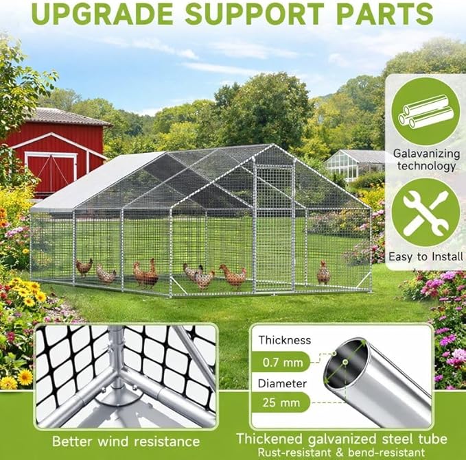 LEVELEVE Large Walk-in Chicken Coop with Chicken Run, Galvanized Poultry Enclosure with Waterproof Anti-UV Cover and Security Lock, Ideal for Rabbit, Duck, Backyard and Farm Yard, 19.7'x 9.8'x 6.6'