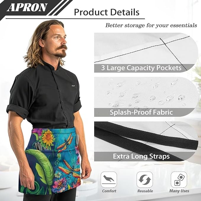 Waist Apron with 3 Pockets Waterproof 13 Inch Short Half Waist Aprons Women Men Server Aprons Waitress Waiter Apron