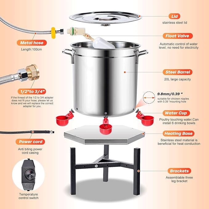 Heated Chicken Waterer 5 Gallon for Winter Automatic Chicken Water Bowl Heater Poultry Duck Drinker Watering System Chicken Coop Accessories