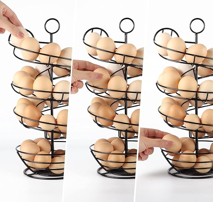 QUTREY Black Metal Egg Holder Countertop, Fresh Egg Skelter, Spiral Design Egg Dispenser Rack with Storage Basket for Display Easter Eggs