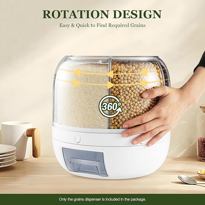 Rotating Grain Dry Food Dispenser Countertop - 6 Grids Cereal Tank Dispenser for Lentils, Rice, Beans - Kitchen Pantry Storage Container- Max 10kg/22 lbs Capacity - White