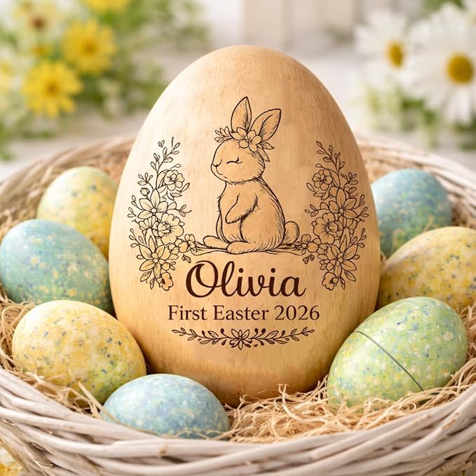 Personalized Wooden Easter Egg – Custom Engraved Bunny Name Egg, Baby First Easter Keepsake Gift, Rustic Wood Bunny Decor, Cute Basket Stuffer for Kids, Spring Holiday Gift for Baby Boy Girl/7