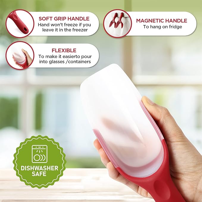 Spring Chef Red Magnetic Ice Scoop for Freezer & Ice Machine - Multifunctional BPA-Free Plastic Scoop with Soft Grip Handle - Kitchen Food Scooper for Flour, Rice, Popcorn, Dog Food - Dishwasher Safe