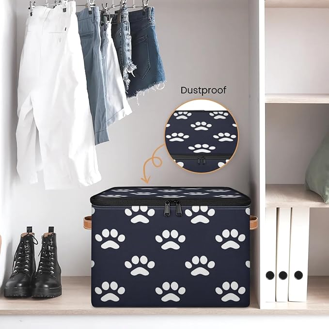 Storage Cubes with Lid Fabric Storage Bins Boxes PU Leather Handles, Dog Paw Print Closet Organizer Container Foldable Washable Shelf Cloth Basket, Dog Paw Print