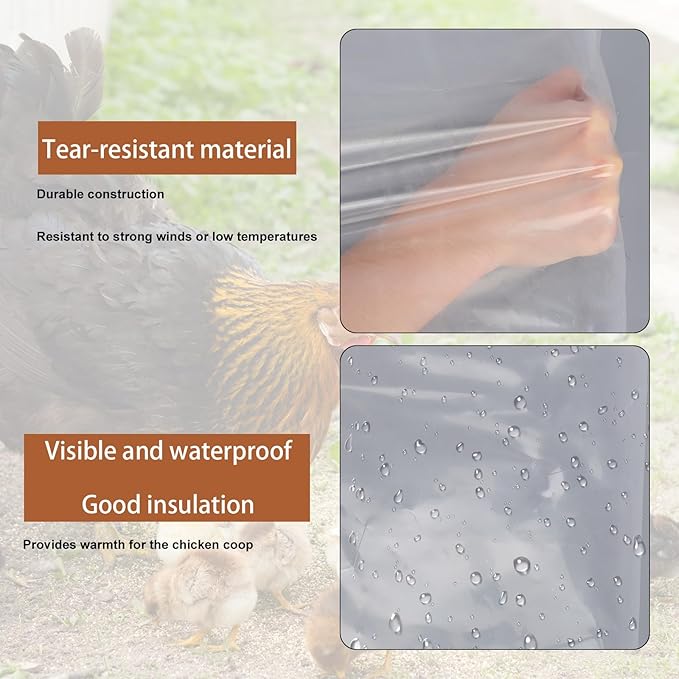 Waterproof Chicken Coop Cover for Winter, 300x200cm/6.6x10in Tear-Proof & Windproof Run Sidewalls Insulation with Rope & Cable Tie Wrap Tarp Winterizing Accessories for Outdoor Poultry Cage (Clear)