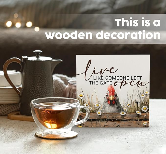 Chicken Rooster Decor Signs,Cottagecore Chicken Wooden Signs,Rustic Farmhouse Live Like Someone Left The Gate Open Wood Sign,Farm Animal Rooster Decor For Kitchen Office Badroom 8x8 Decorative Signs & Plaques