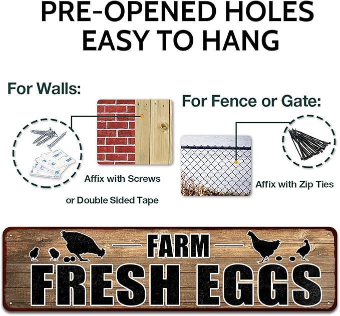 'Farm Fresh Eggs' Retro Vintage Metal Tin Bar Sign, Decorative Wall Art Signage, Primitive Farmhouse Country Kitchen Home Décor, 16" x 4"