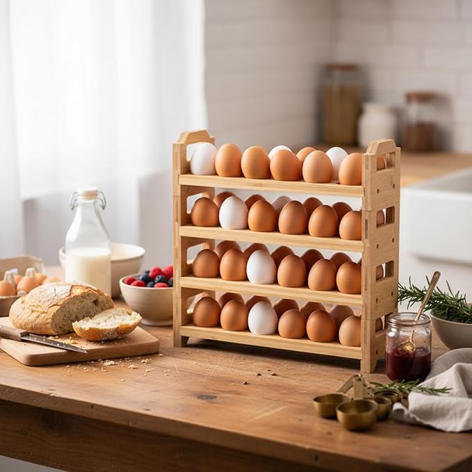 LemonRoad 4 Tier Wooden Egg Holder for Countertop, Bamboo Stackable Fresh Egg Storage Farmhouse Collecting Rack for Gathering Kitchen Organizer Duck Eggs Display, Stackable with 48 Eggs