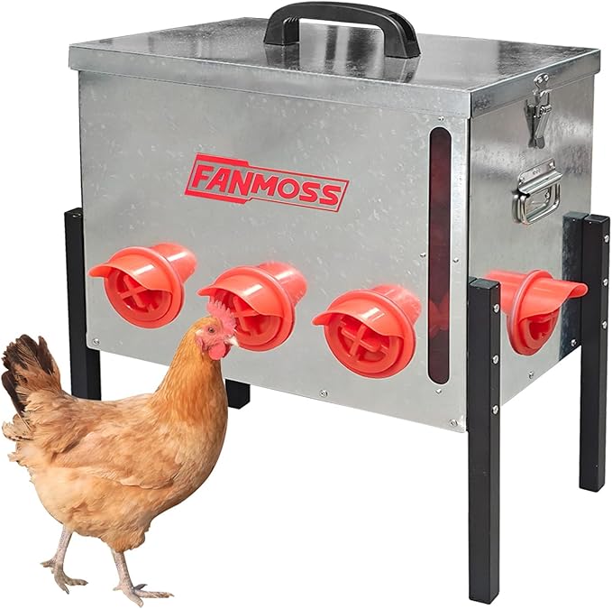 60lb Automatic Chicken Feeder, 8 Ports No Waste Chicken Feeder with Viewing Window, Locking Lid, Adjustable Legs & Waterproof Silo, Large Metal Poultry Feeder for Hens, Ducks, Geese, Poultry