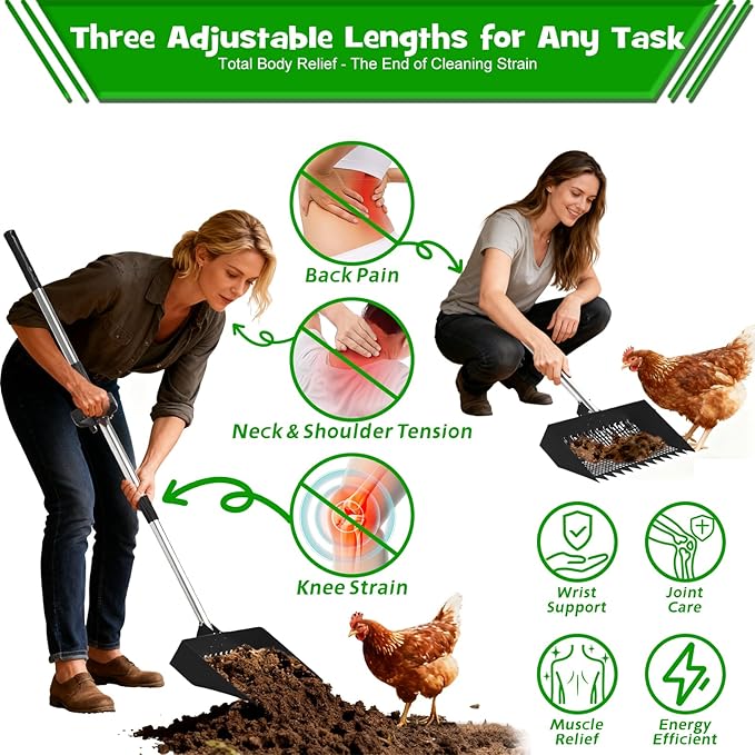 Chicken Poop Scooper & Rake 2-in-1 – 12 Inch Shovel Head & 3-Angle Adjustable Stainless Steel Handle, Chicken Litter Scoop and Coop Rake & Sand Sifting Shovel for Chicken Coops, Black