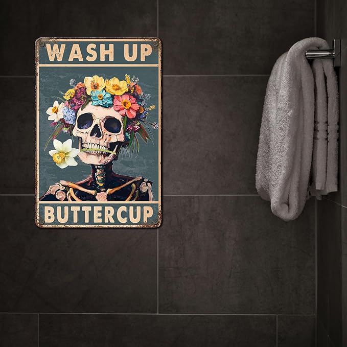 Skeleton Metal Sign Wash Up Buttercup Funny Skull Vintage Tin Sign for Wall Art Decor Home Bathroom Toilet Decoration 8x12inch