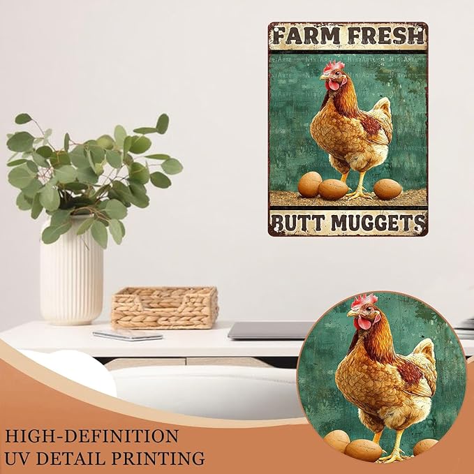 Vintage Chicken Farm Metal Sign Chicken Coop Farm Fresh Butt Nuggets Metal Poster Home Garden Farmhouse Restaurant Garage Aluminium Sign Art Wall Decor 12X16Inch