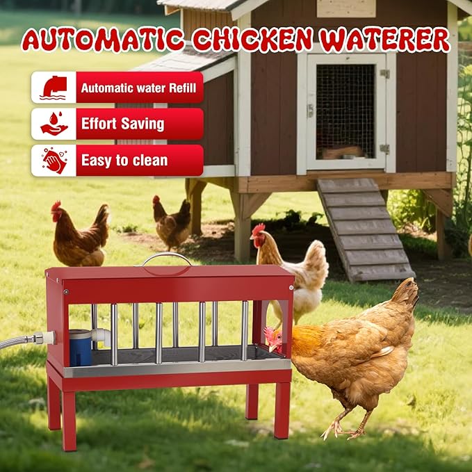 Automatic Chicken Waterer with Float Valve,Stainless Steel Automatic Chicken Watering System with Hose and Bottom Bracket,Large Poultry Waterer Dispenser for Chicken Duck,Goose,Quail, Turkey