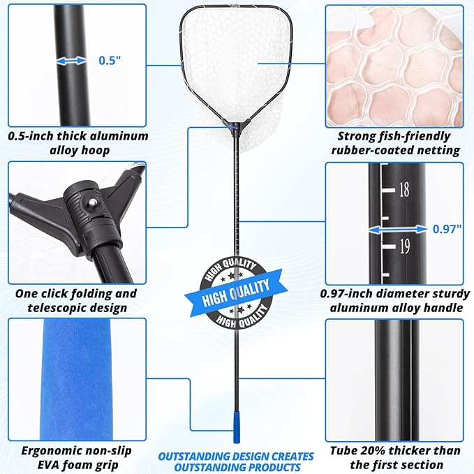 Large Telescoping Fishing Net, Folding Landing Net with Long Handle, Rubber Netting, Lightweight, Length 56″-75″, Hoop Size 20″ x 19″, Depth 20″, 25 lbs. Capacity