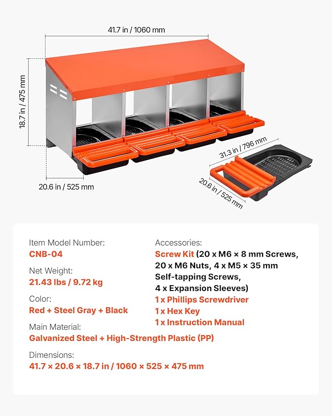 VEVOR Chicken Nesting Boxes, 4 Compartments, Metal Egg Laying Boxes with Protective Collection Lids, Roll Out Nesting Box, Easy to Assemble, Ideal for Hens, Ducks, Chickens, and Other Poultry, Orange