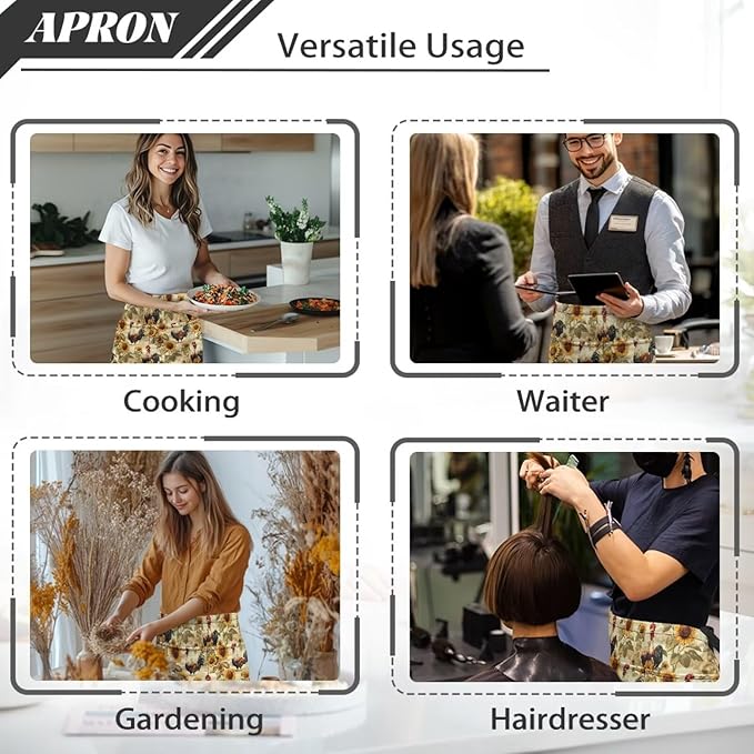 Waist Apron with 3 Pockets Waterproof 13 Inch Short Half Waist Aprons Women Men Server Aprons Waitress Waiter Apron