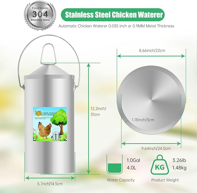 Automatic Chicken Waterer 4L/1.0Gal, 304 Food Grade Stainless Steel Heavy Duty Poultry Waterer with Handle, High Strength Structure 0.035 Inch Metal Thickness, No Assemble (Sliver, 4L/1.0Gal)