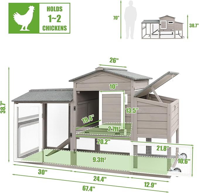 PetsCosset 136" Chicken Coop with Wheels, Backyard Wooden Hen House Outdoor for 1-6 Chickens, 2 Story Poultry Cage Chicken Coop and Run, Nesting Box, Pull Out Trays, Set of Two, (Grey)