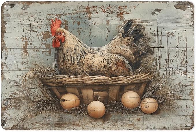 Rustic Farmhouse Hen Chicken in Basket with Eggs tin sign Vintage Rustic Farmhouse Chicken and Eggs metal sign print Suitable for room bathroom cave bar cafe garage garden and outdoor decoration