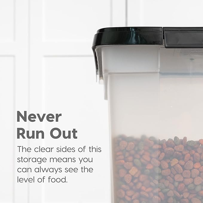 IRIS USA 50 Lbs / 65 Qt WeatherPro Airtight Pet Food Storage Container with Removable Casters, for Dog Cat Bird and other Pet Food Storage Bin, Keep Fresh, Translucent Body, Easy Mobility, Clear/Black