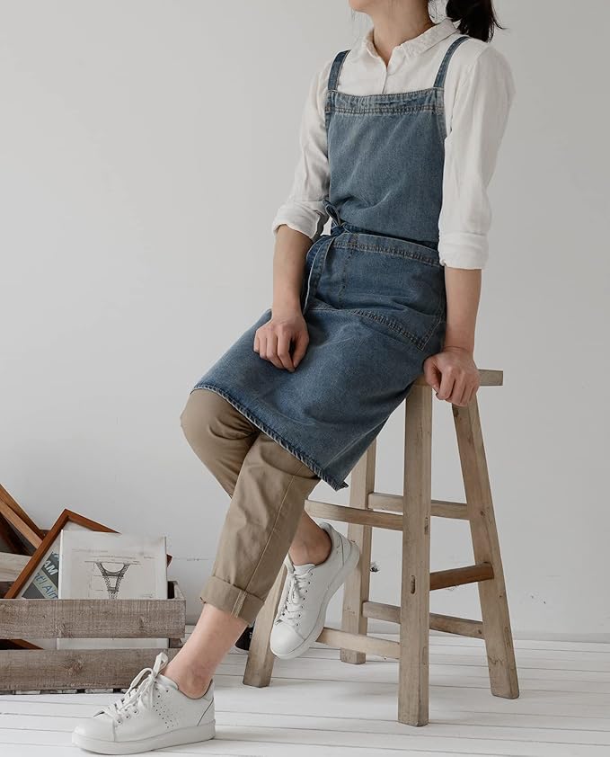 Cotton Denim Apron Soft - Unisex Adjustable Bib Apron with 5-Pockets Perfect for Kitchens