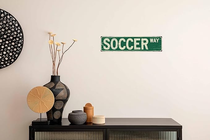 Soccer Way Metal Sign 4x16in Vintage Street Plaque for Game Room Wall Decor Sports Fan Gift