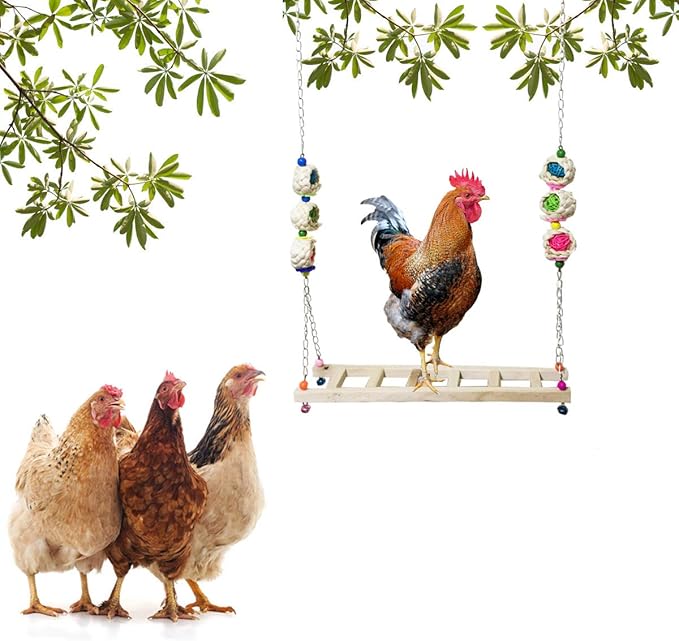 Vehomy Chicken Swing and Perch - Wood Ladder Stand Toy for Hens - Handmade Coop Swing Toys for Chicks, Roosters