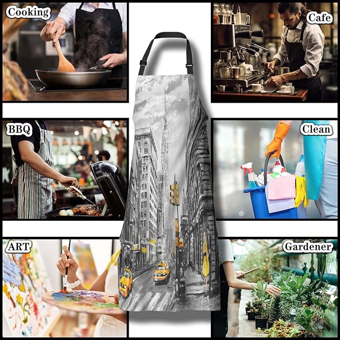Baking Apron for Women Oil Painting Street View of New York Funny Aprons for Men for Kitchen Cooking Restaurant BBQ Painting Crafting 27” (W) x 31” (H), Waterproof Apron
