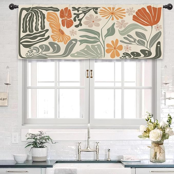 Colorful Abstract Flower Kitchen Curtain Valance 54W x 18L Inch Minimalist Matisse Funky Groovy Art Aesthetic Spring Rod Pocket Short Cafe Small Window Treatment Drapes Decor