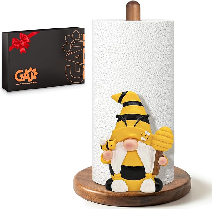 Gnome Paper Towel Holder - Honey Bee Decor for Kitchen & Bathroom Countertop - Gifts for Women Mom Grandma - 3D Cute Stuff Decorative Accessories