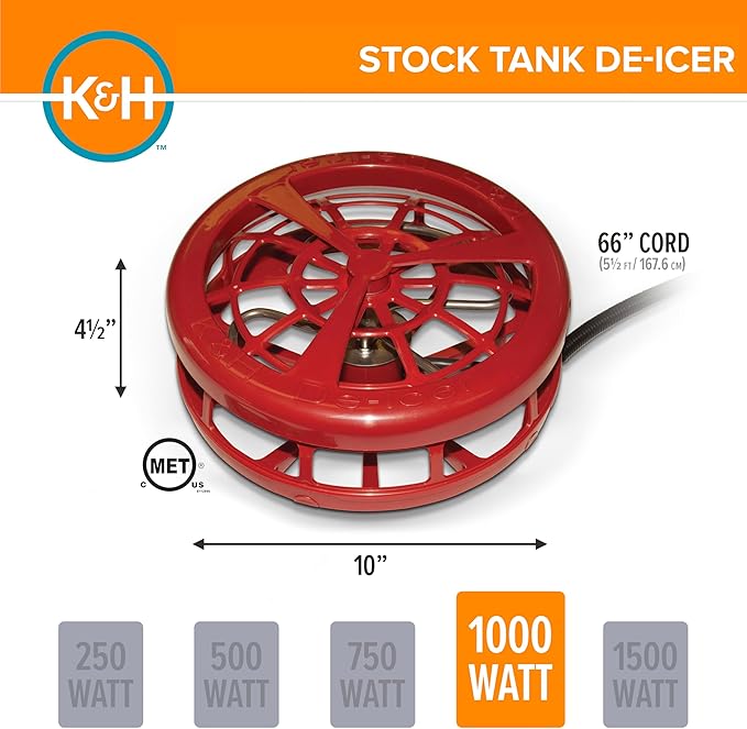 K&H Thermostatically Controlled Stock Tank Deicer – Floating or Submersible Livestock Water Heater with Protective Cage & Cord Clip – Safe for Plastic, Rubber & Metal Tanks - 1000 Watt