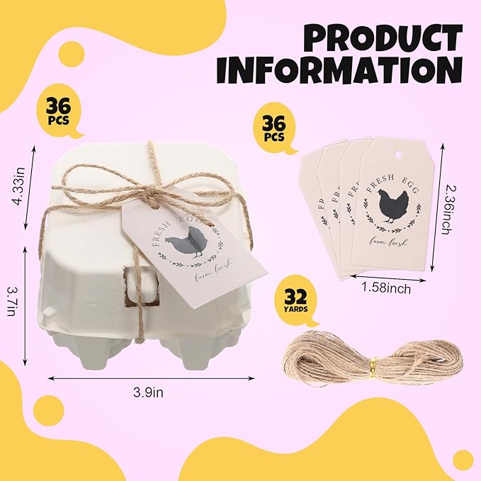 36 Pcs 4 Count Easter Egg Carton Bulk Half Dozen Reusable Natural Pulp Paper Cardboard Egg Carton Colored Storage Easter Gift Box with Label Jute Rope for Kitchen Market Farm (White)