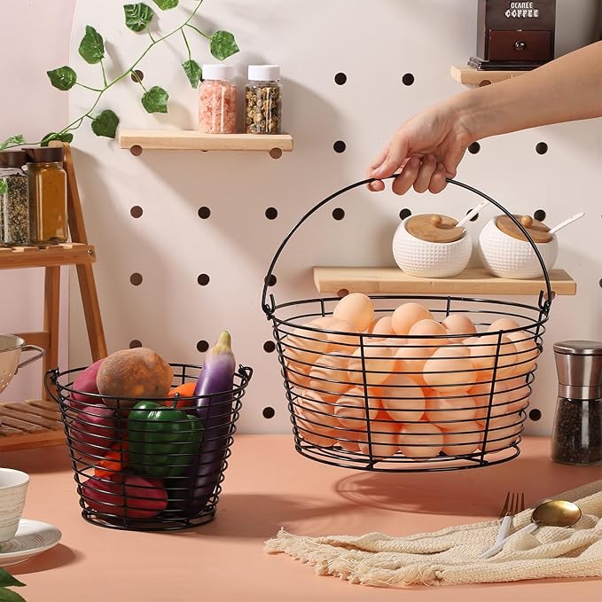 Colorful Metal Mesh Wire Egg Collecting Basket with Handle Portable Garden Vegetable Fruit Storage Lightweight Hanging Collector for Farmhouse Gathering Kitchen Picnic (Black, Large - 12")