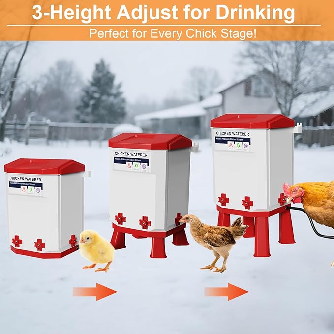 Heated Chicken Waterer 3 Gallon, Chicken Water Heater for Winter, Freeze Proof Chicken Waterer, 4 Nipples for Clean Water，Detachable Legs, Adjustable Height for Chickens, Pigeons, Beaked Poultry