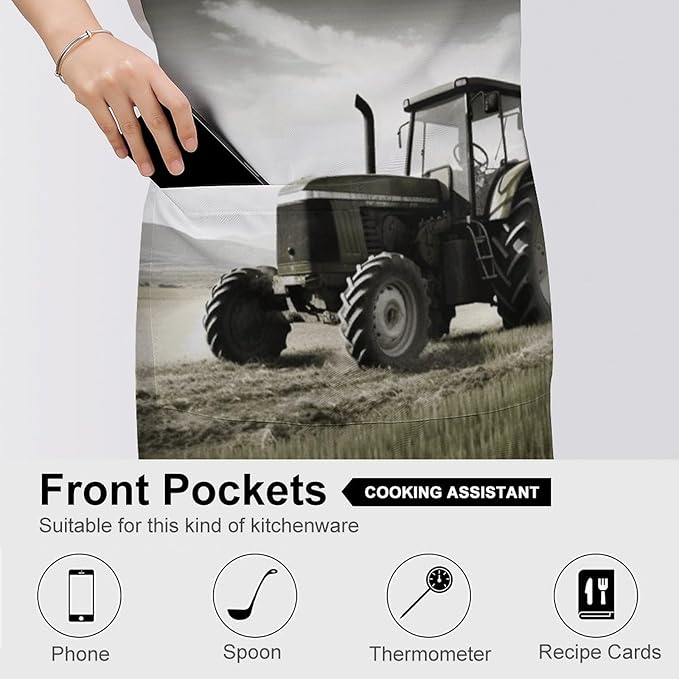 Tractor Agriculture Tranquil Apron with Pockets Water And Oil Resistant Kitchen Aprons Professional Adjustable Bib Apron for Women Men