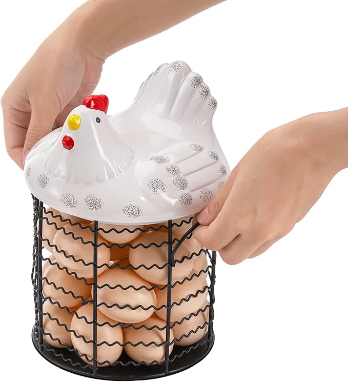 Hiceeden Metal Wire Chicken Egg Storage Basket, Decorative Fresh Egg Holder with Ceramic Chicken Design Lid, Portable Round Collectiong Basket for Kitchen Supplies, Pantry