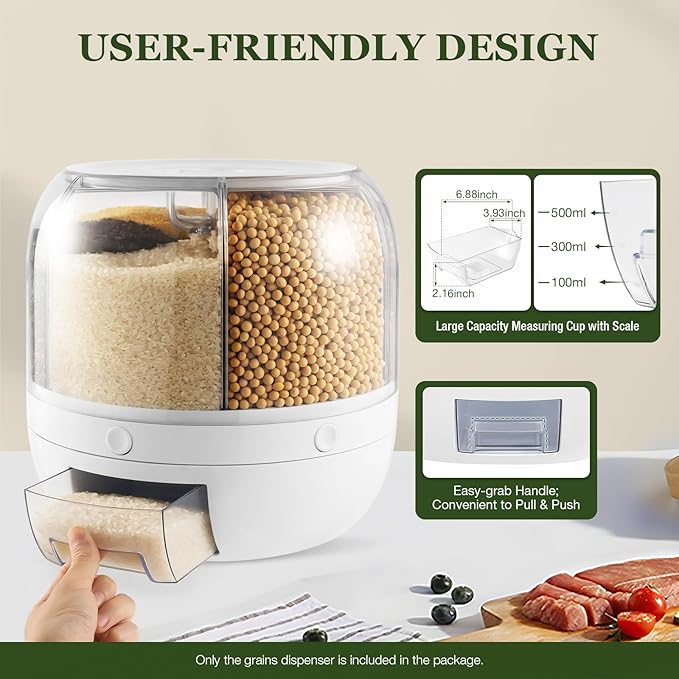Rotating Grain Dry Food Dispenser Countertop - 6 Grids Cereal Tank Dispenser for Lentils, Rice, Beans - Kitchen Pantry Storage Container- Max 10kg/22 lbs Capacity - White