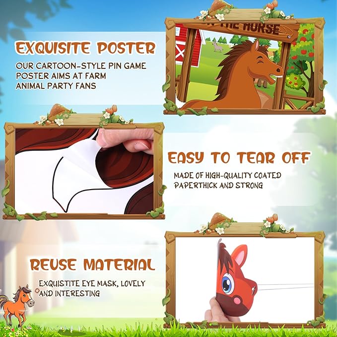 Faccito Farm Animal Games Pin The Tail on The Animals Barn Birthday Party Decorations Farm Poster Games with 24 Stickers Eye Mask for Family Activities Birthday Party Decor Supplies(Horse)