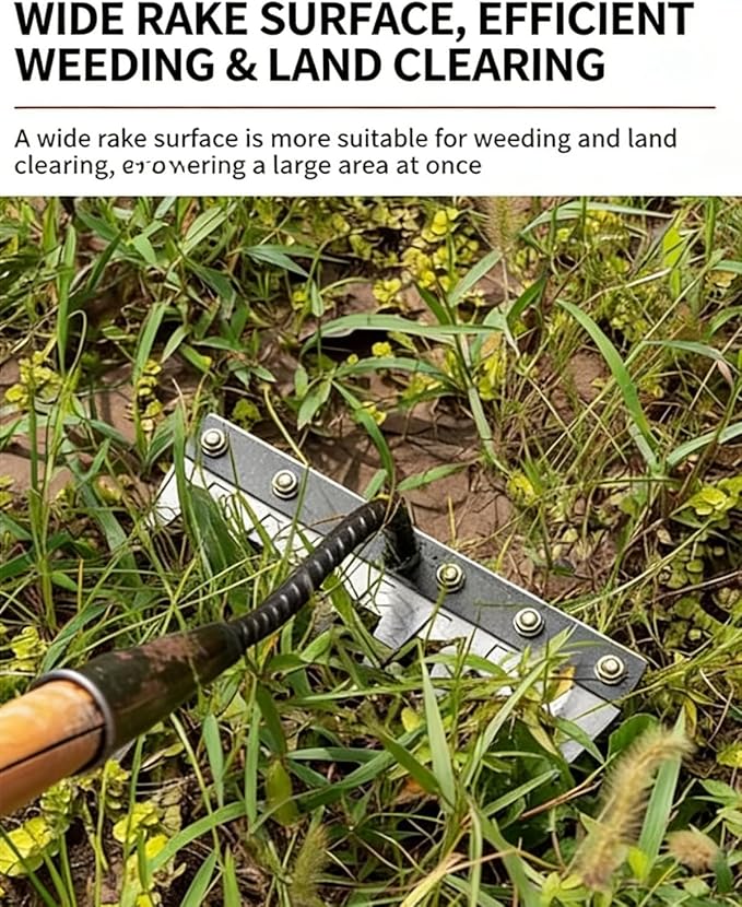 Garden Hand Rake Tool Manganese Steel 5/6/7/8 Teeth for Yard,Farm,Soil & Lawn Care Heavy Duty Weed Iron Metal Puller Grass Remover Landscaping Sickle Manual Thatch Cultivator Long Handle (8Teeth)