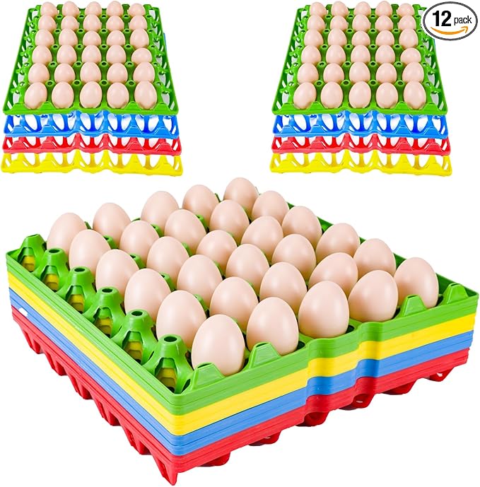 12 Pack Plastic Egg Tray 30 Cell Egg Crates Egg Flats Stackable Egg Carton for Home, Chicken Farmers, Storing, Sorting, and Shipping Eggs, Holds Multiple Eggs, 4 Colors