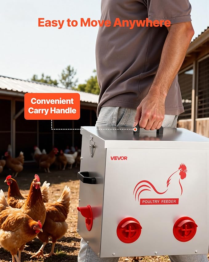 VEVOR Automatic Chicken Feeder, 50 lbs Capacity, 6 Feeding Ports No-Waste Poultry Feeder with Built-in Divider, with Latch & Handle, Metal Construction, for Chickens Bantams Pheasants Poultry Coop