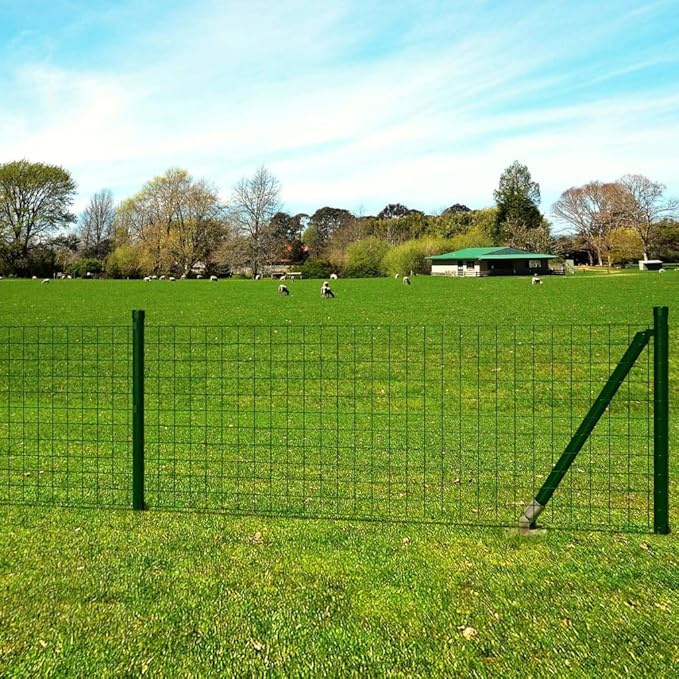 82x2.6 ft Green Euro Fence Panel Set, PVC Steel Mesh 3x2.5in w/Posts & Anchors, Garden Privacy Screen Yard Dog Pool Barrier