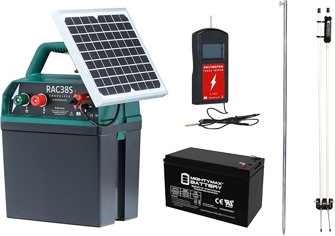 RentACoop Electric Poultry Netting Accessory Set - Includes - 0.38J Solar Fence Charger, 3' Grounding Rod, Gate Handle Kit, and Voltmeter Fence Tester