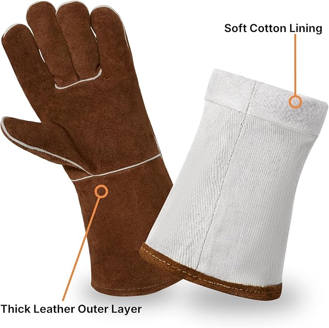 eletecpro Heavy Duty Leather Welding Apron Genuine Cowhide Flame & Heat Resistant Adjustable 42Lx24W with 6 Tool Pockets and Gloves for Mechanic, BBQ, Woodworking, Gardening, Men & Women Gift, Brown