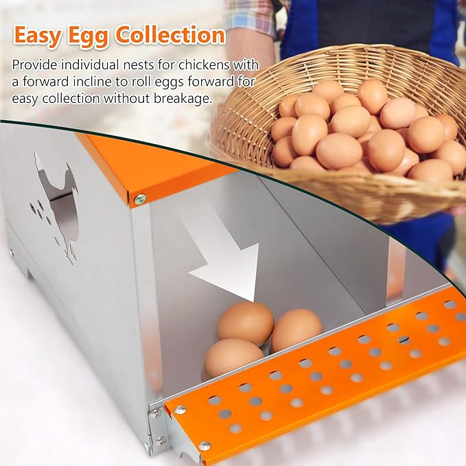 Chicken Nesting Boxes, 4 Rooms Hens Nest Box, Metal Poultry Nest Box Wall Mount for Chickens Egg Laying Box Collection Vented Holes Chicken Coop Cages Equipment, Orange (4 Rooms)