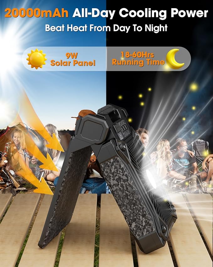 Solar Camping Fan 20000mAh, Solar Powered Fan with LED Lantern, Upgrade 9W Rechargeable Battery Operated Fans for Outside, 4 Speeds, 8H Timer and Quiet Battery Powered Solar Tent Fans for Outdoor