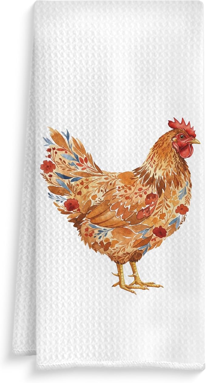 Rustic Red Floral Rooster Kitchen Towels, Gifts for Chicken Lovers Dish Tea Towels, Farmhouse Flower Chicken Decorative Hand Towel for Bathroom Kitchen, 16x24 Inch