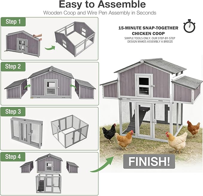 Large Chicken Coop for 6-8 Chickens, Double Folding Wooden Chicken House with 2 Nesting Boxes, Reinforced Iron Frame, Pull-Out Tray & Waterproof Roof, Outdoor Poultry Cage