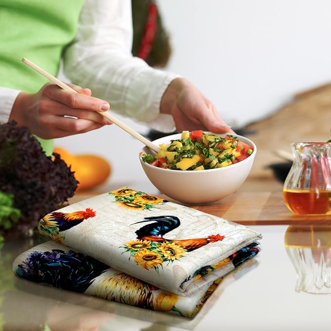 Bencailor 6 Pcs Farmhouse Kitchen Towels Chicken Rooster Kitchen Decor Farm Animal Hand Towels for Cooking Baking Housewarming Gift,15.75 x 23.62 inch(Yellow,Sunflower Chicken)